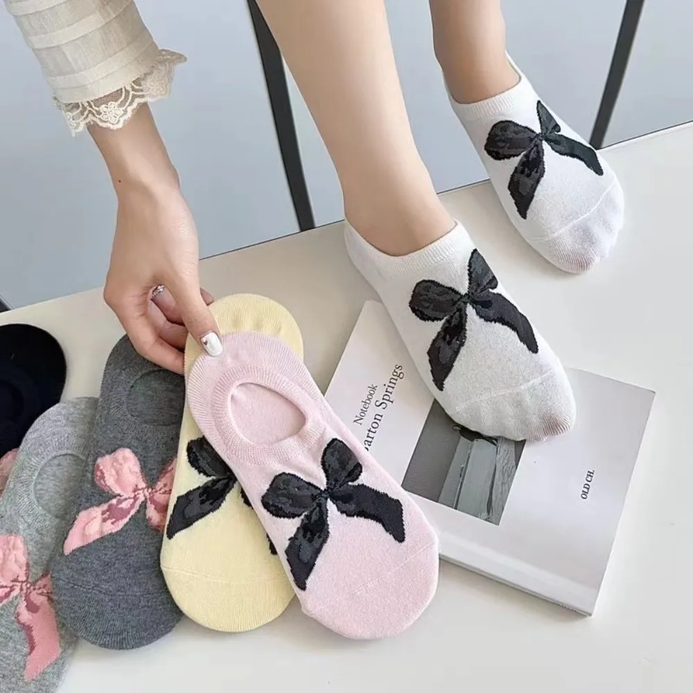 

6 Pair New Sweet Bow Socks Comfortable Thin Invisible Socks Breathable Solid Color Cotton Socks Women