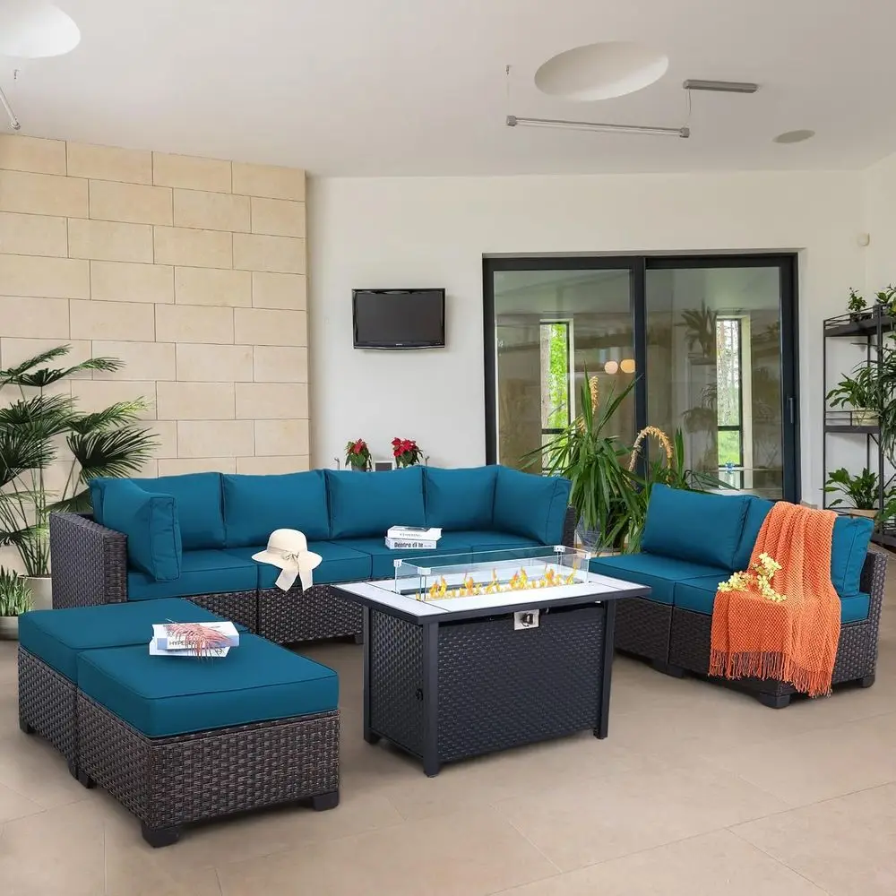 

9-Piece Outdoor Wicker Patio Furniture Set with Blue Cushions and Gas Fire Pit Table