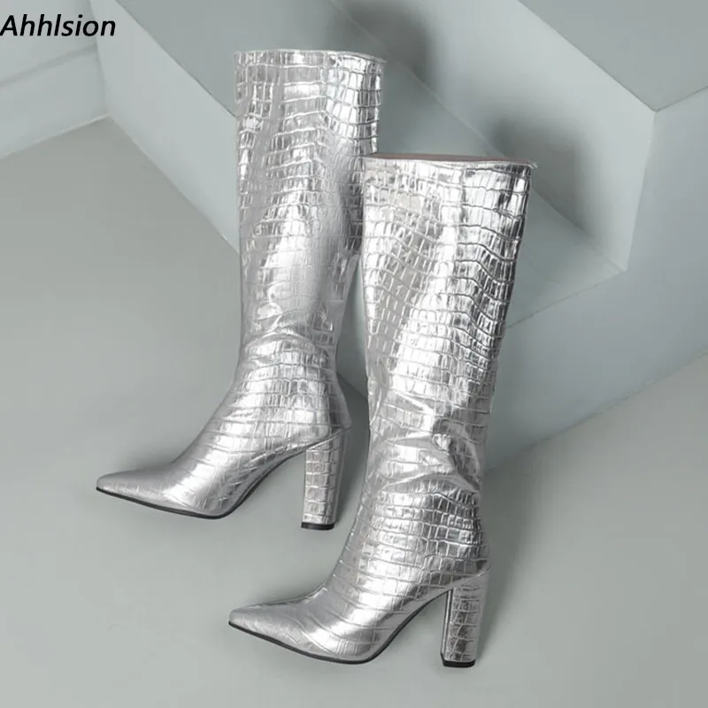 

Ahhlsion/Новые женские зимние сапоги до колена без шнуровки на массивном каблуке с острым носком, красивые золотистые, серебряные туфли для вечеринок, размер США, большие размеры 5-15