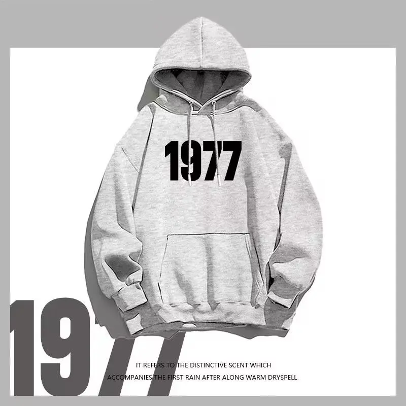 1977 العلامة التجارية الأمريكية العصرية معطف بقلنسوة زوجين ارتداء الخريف والشتاء كبيرة الحجم فضفاضة رداء علوي غير رسمي الرجال والنساء ملابس الشارع