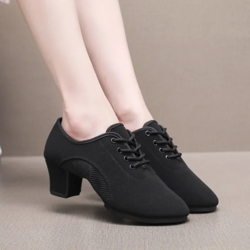 Customized Oxford Cloth Teacher Shoes Female Adult Latin Dance Shoes Square Middle Heel Dance Sailor Soft soled Dance Shoes