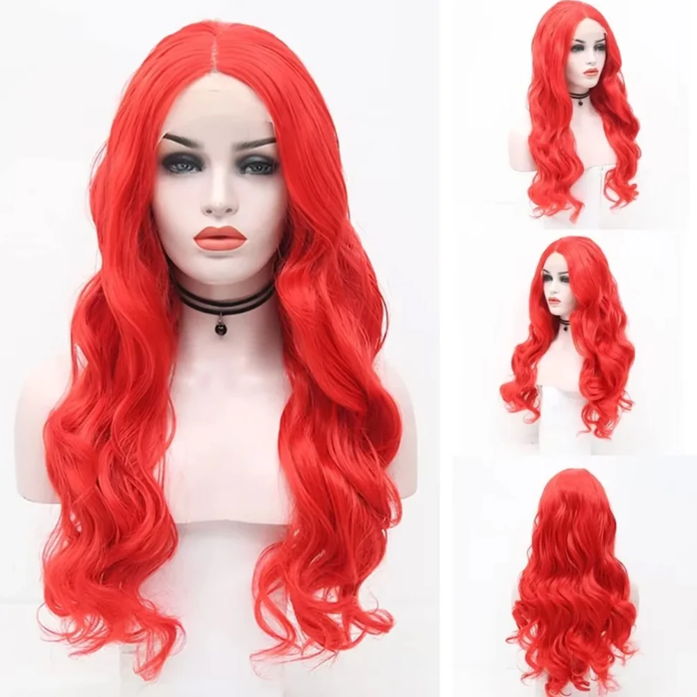 

FANXITION Red Synthetic Lace Front Wigs with Middle Part Natural Hairline Long Body Wave Wigs Halloween Cosplay or Daily Use Wig