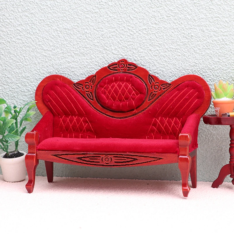 1:12 puppenhaus Miniatur Sofa Rot Retro Sessel Holz Sofa Modell Puppenhaus Wohnzimmer Möbel Dekor Spielzeug