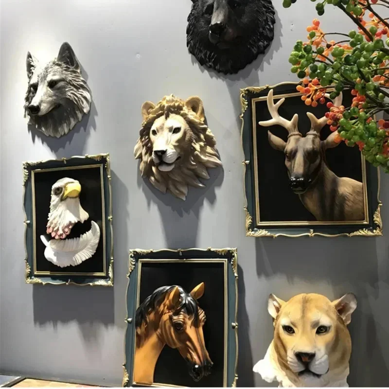 Pendentif de décoration murale tête d'animal américain, Simulation rétro 3D Lion loup, Bar d'inspiration, ornement artisanal en résine pour la maison