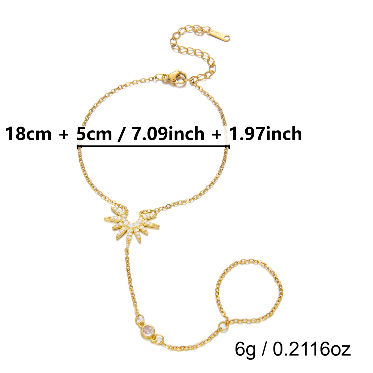 Zierliches Pavé-Armband mit Zirkonia-Sonnen-Fingerkette für Damen, vergoldet, aus Edelstahl und Messing, wasserdicht, Party-Schmuck, Geschenk – Detail 3