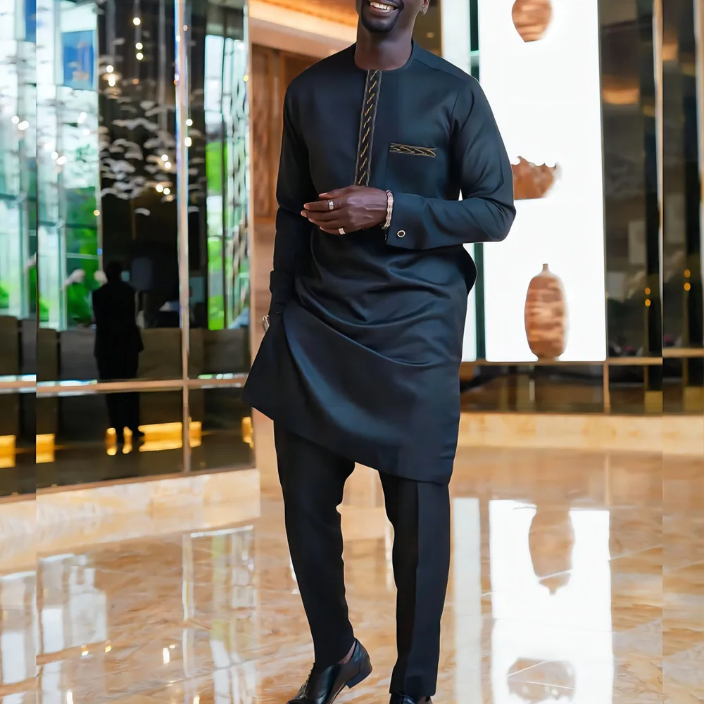 African Men Outfits Embroidery Pocket Splice Long Sleeve Round Collar Top Pants Two Piece Set Africa Gentleman Business Suit