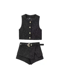 2024 European and American style women's new fashion button-down sleeveless textured short vest shorts suit