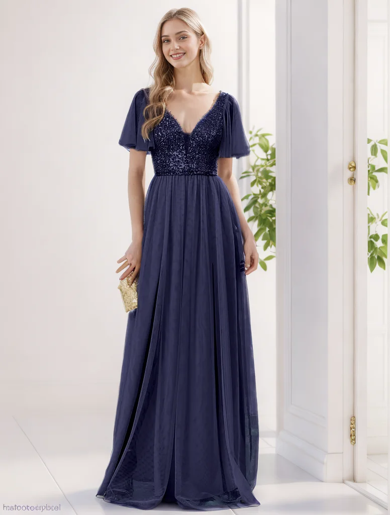 Ladies Sequined V-neck Evening Dress Short-Sleeved Banquet Mesh Big Swing Skirt for Graduation Performance Sexy Long Skirt