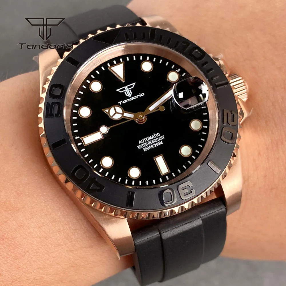 

Tandorio Sapphire Rose Gold Coated Automatic Mechanical Watch for Men NH35A Date Ceramic Bezel Dive 40mm Luxury Wristwatch 20BAR