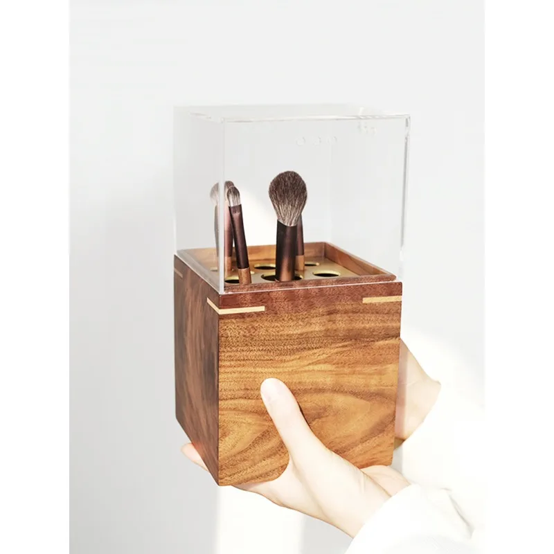 

Solid wood dust-proof cover makeup brush storage box beauty brush storage bucket desktop rack