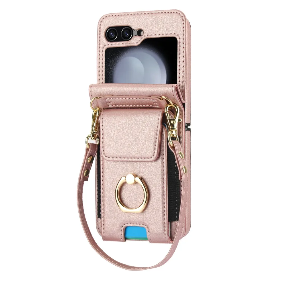 

Кожаный чехол-кошелек через плечо с кольцом и держателем для карт, чехол для телефона Samsung Galaxy Z Flip3 4 5 6, противоударный защитный чехол с ремешком