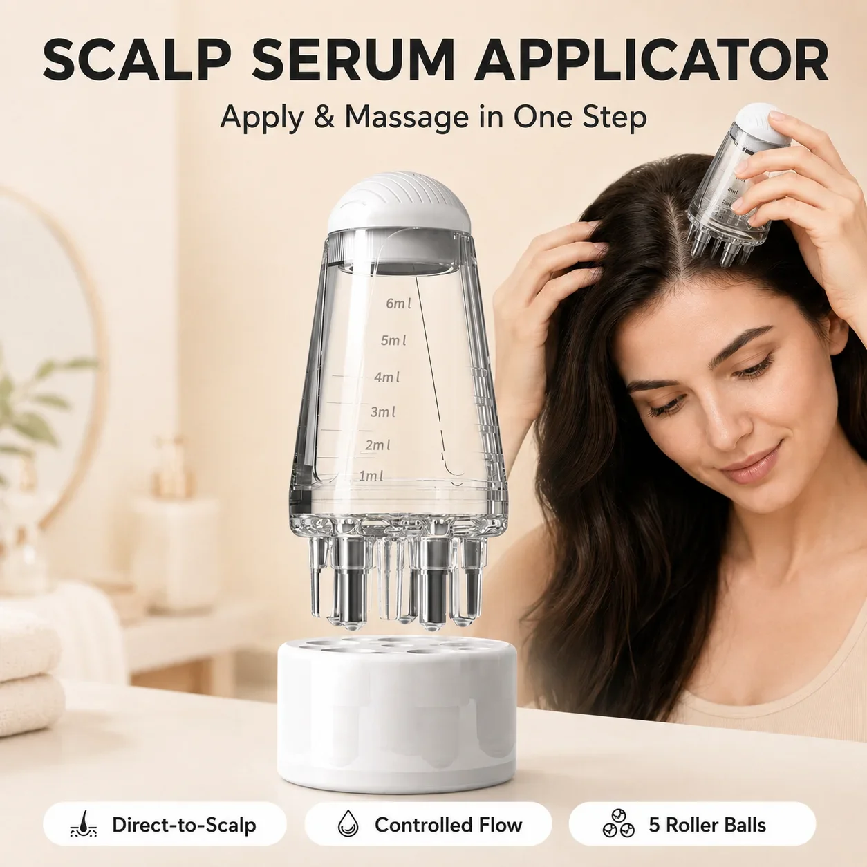 6ML Mini Scalp Applicator Liquid Comb, Roller‑Ball Scalp Serum Essential Oil Dispenser Visible‑Scale Hair Root Scalp Massage Too
