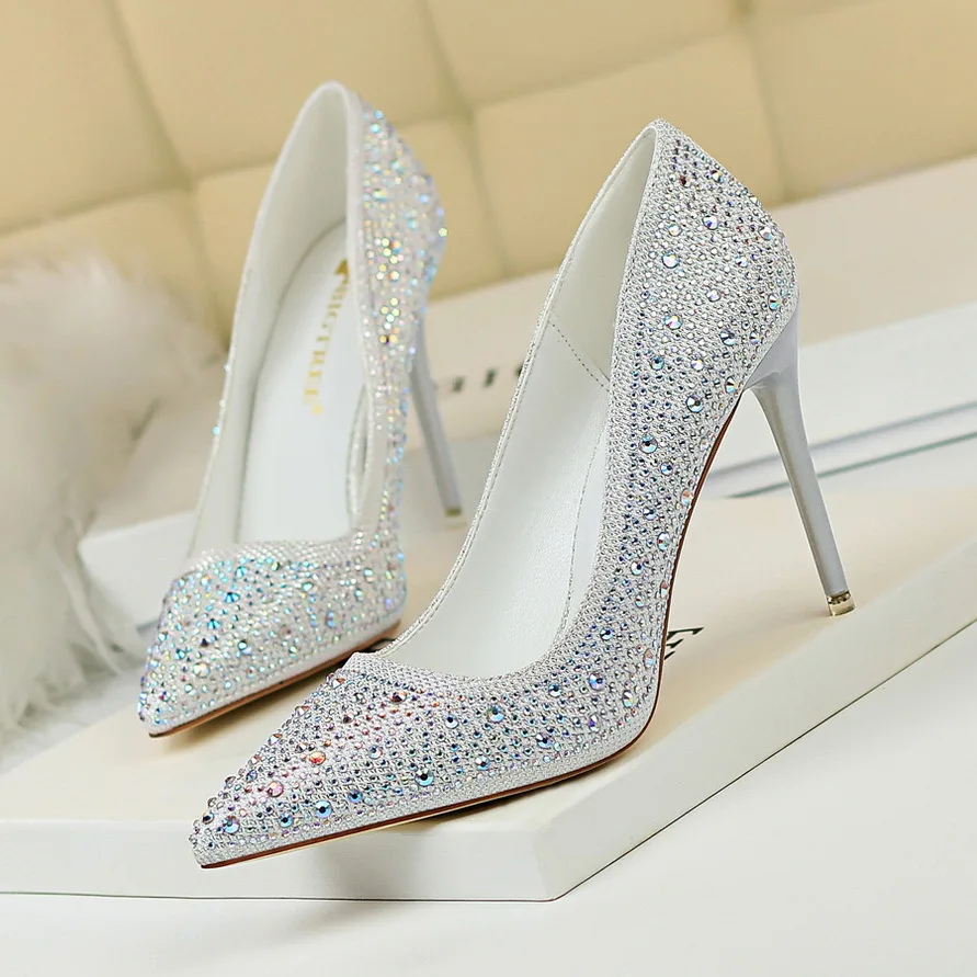 Women Simple Glitter Sequins Stiletto Heels Evening Lady Wedding Bridal Bling Gold Silver Champagne Party Shoes Grace 9219-22