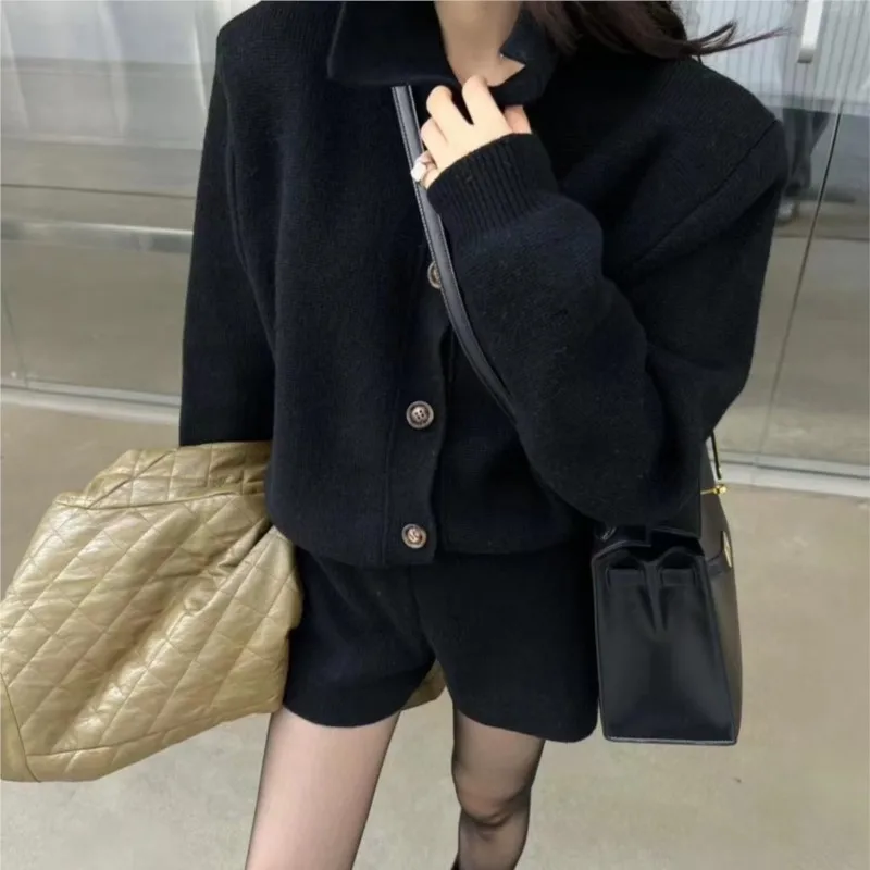 Autumn Winter New Two-piece Knitted Sets Single Breasted Sweater Top High Waist Shorts Korean Fashion Casual Outfits Solid Suit