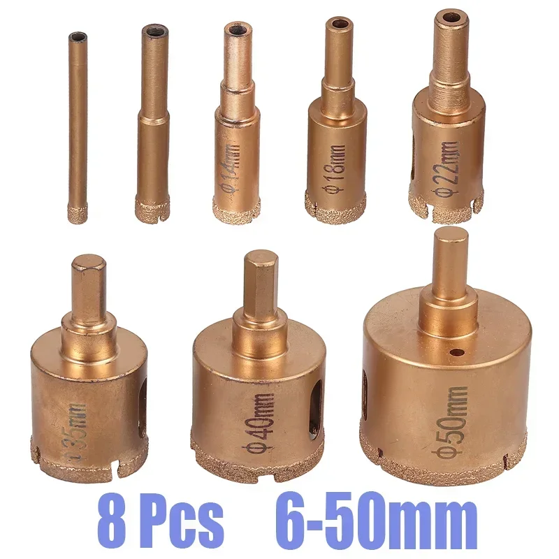 8Pcs Dry Cut Diamond Drill Bits6-50mm Drill Bit Wet/Dry Brazed Hole Saw Porcelain Glass Ceramic Tile Granite Marble Gypsum Board