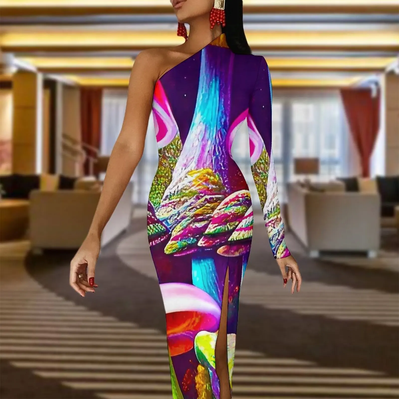 Magic Mushrooms Long Dress Ladies Cute Mushroom Street Wear Maxi Dress Autumn Modern Bodycon Dresses Side Split Custom Vestidos