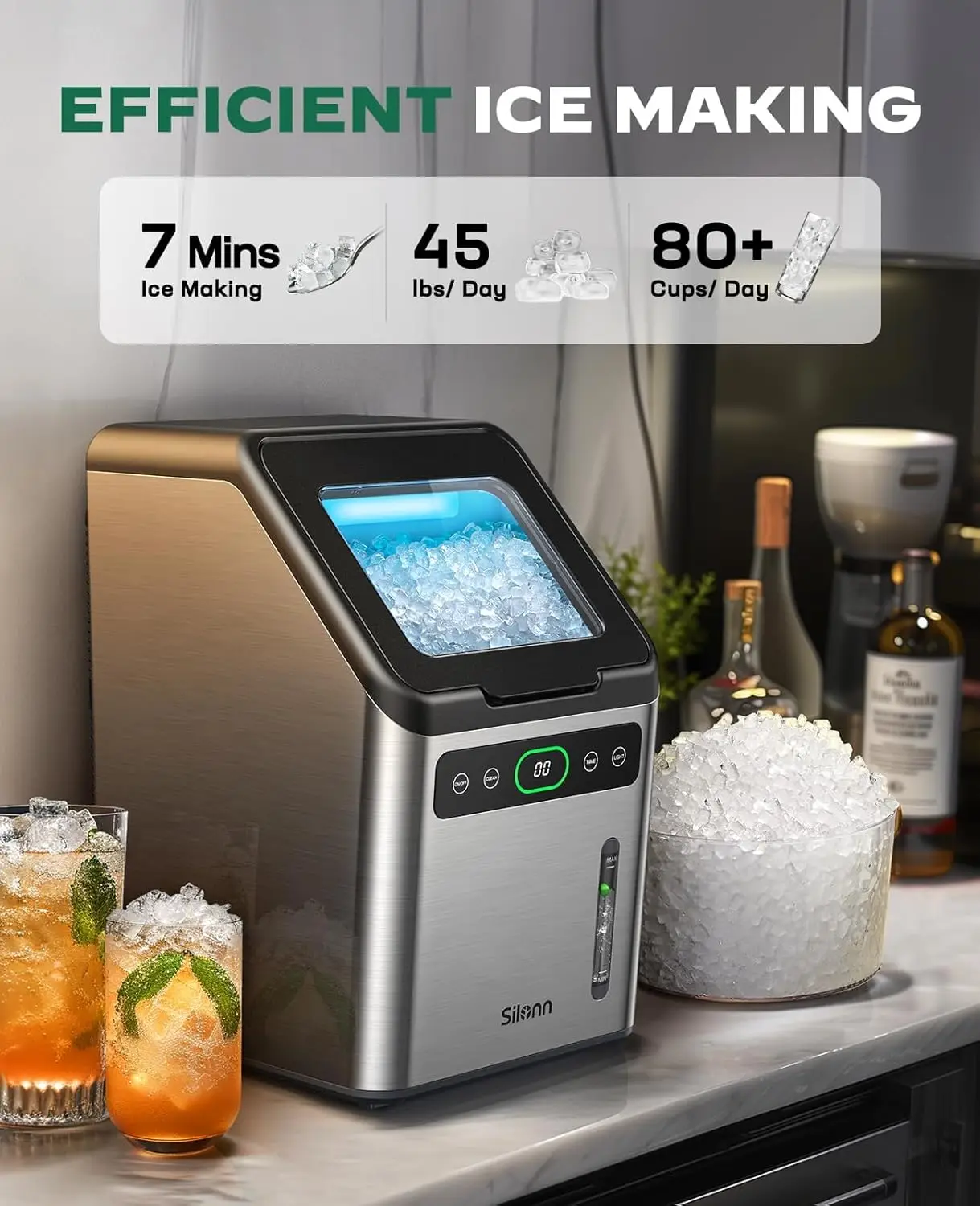 Nugget Ice Makers Countertop - 44lbs per Day Ice Machine with Self-Cleaning, Timer Pebble Ice Maker with Soft Chewable Ic