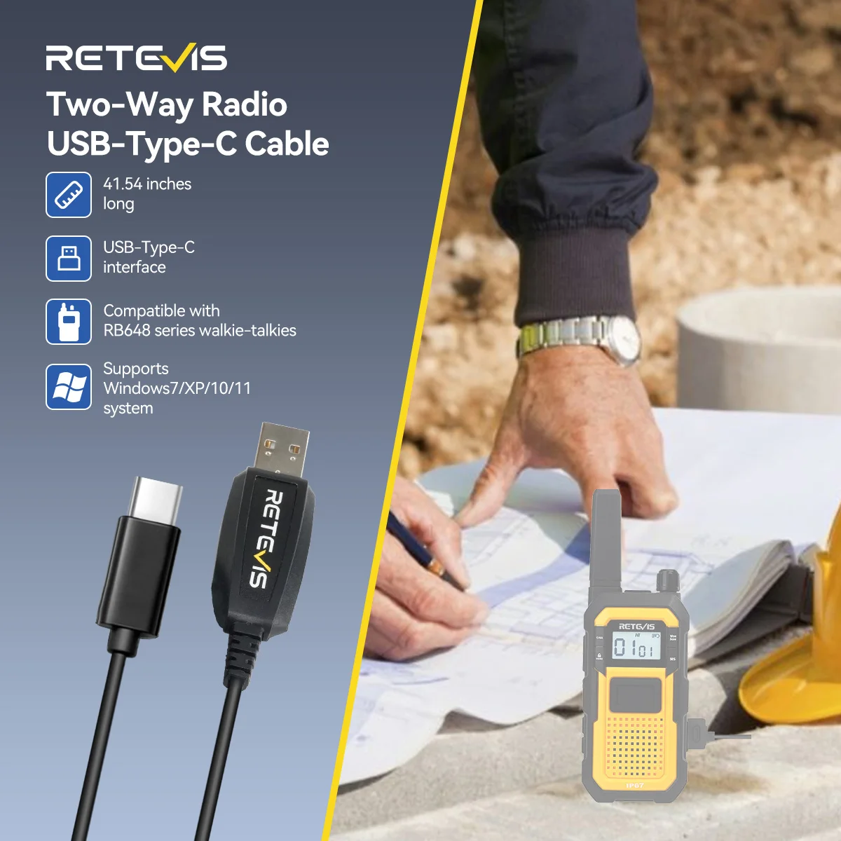 Retevis PC48 RB48 Walkie Talkie USB-Programmierkabel Typ C unterstützt Windows7/XP/10/11 Radiozubehör für Retevis RB648 Plus – Detail 1