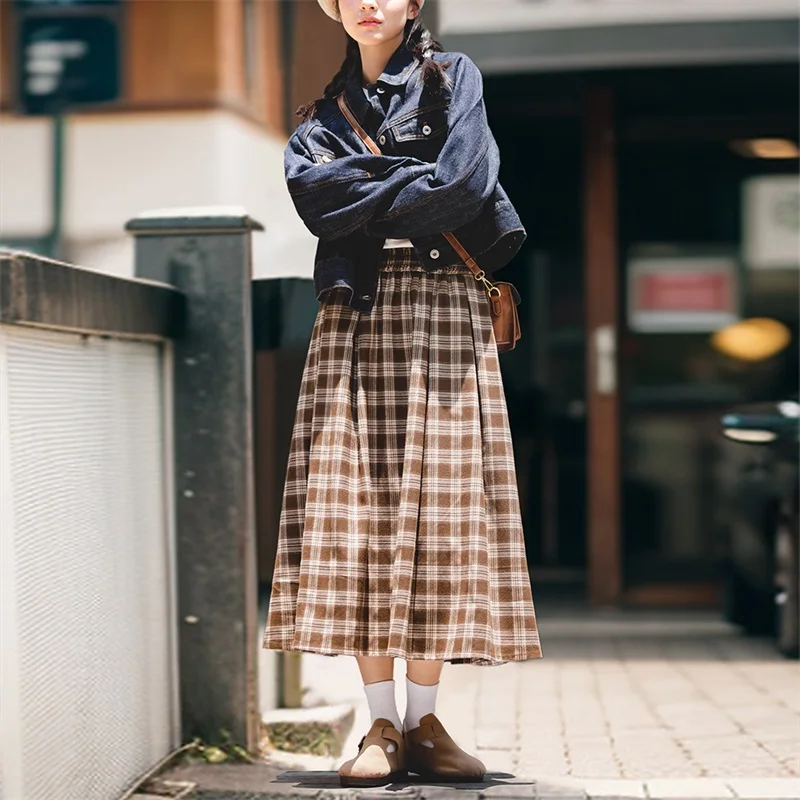Maden Women\'s American Plaid Pocket Half Skirt Loose Relaxed Slim High Vintage Plaid Long Umbrella Skirt Autumn