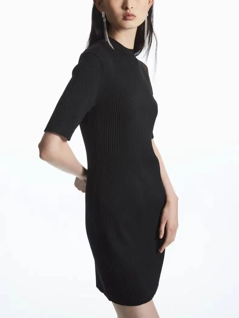 

2023 Spring New Women's Rib Knit Black Mini Dress Slim Fit Half Turtleneck Ladies Short Sleeve Dresses Female Robes