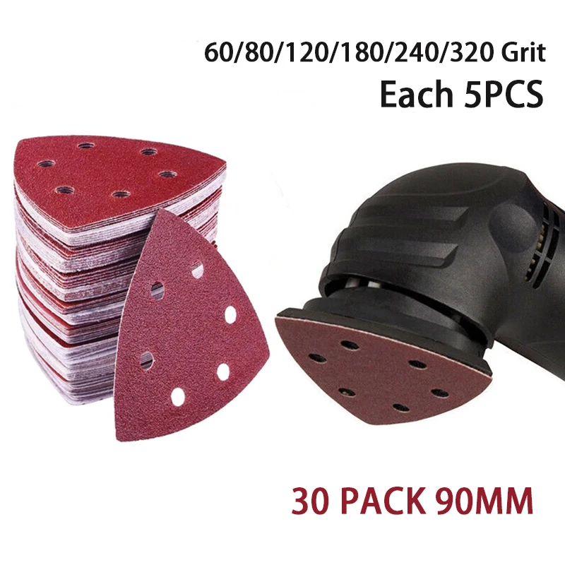 30PCS 90*90*90mm Triangular Sandpaper With 6 Holes Assorted 60-320 Grits Hook & Loop for Delta Sanders/Multi-Sanders