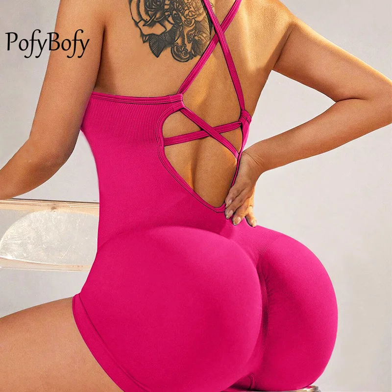 

PofyBofy Adjustable Strap Crisscross Backless Tummy Control Women Sport Jumpsuit Yoga Running Exercise Fitness Outfits Bodysuit