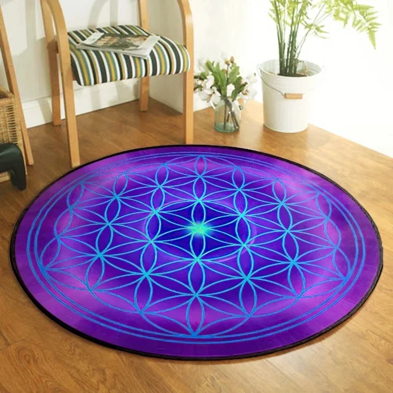 Green Purple Flower of Life Carpet Circular Non-slip Yoga Mat Meditation Reiki Healing Witchcraft Supplies Home Retro Decorate