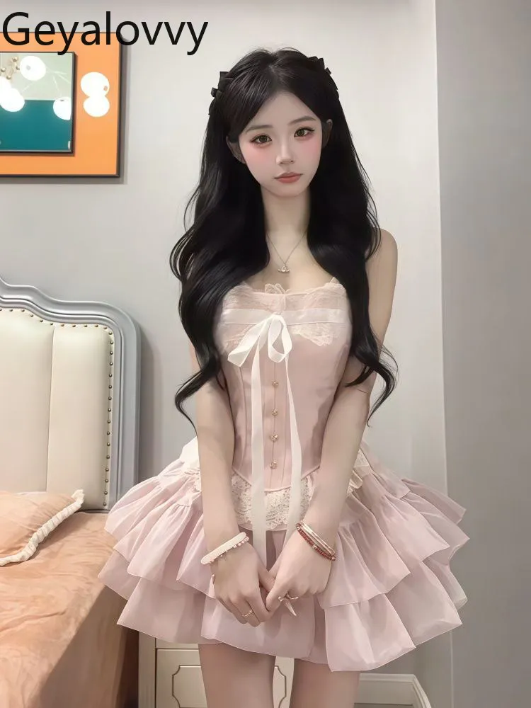 

Women's Elegant Sets Sweet and Cute Girls Two-piece Set Spring/summer 2026 New Ballet-inspired Pink Top and Flared Skirt Outfit