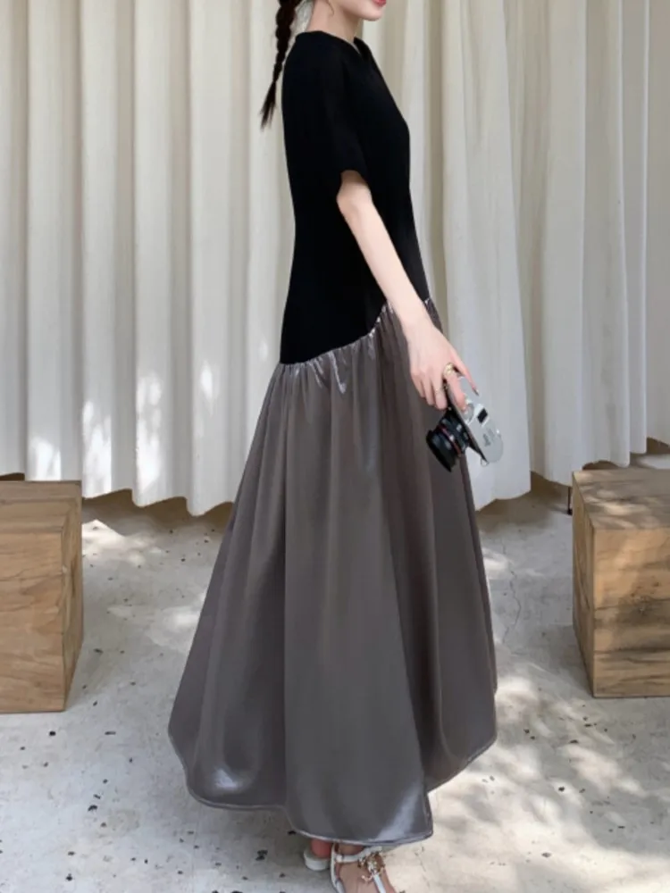 Verano plisado negro Vintage camiseta vestido mujer moda coreana manga corta suelta Casual Vestidos largos de mujer ropa Vestidos