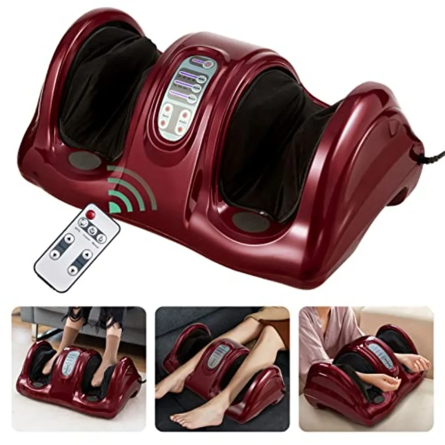 

Shiatsu foot massager for home use, burgundy PU leather with deep kneading rolling massage, 4 modes, remote control, calf and a