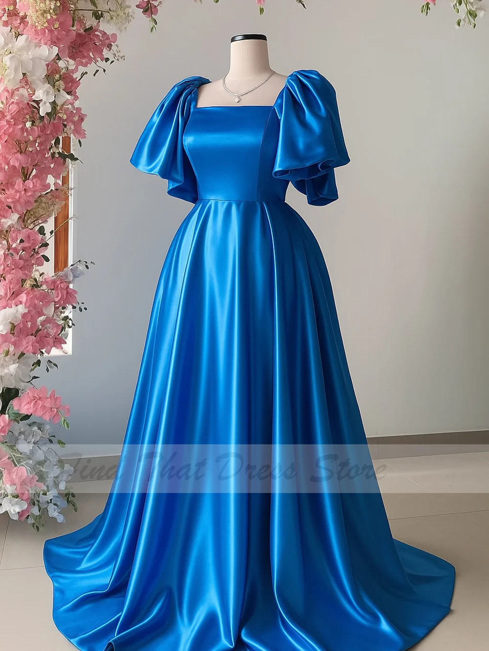Custom Made Square Collar Satin High Quality Classic Evening Dress with Short Sleeve Backless Draped Floor Length Prom Party