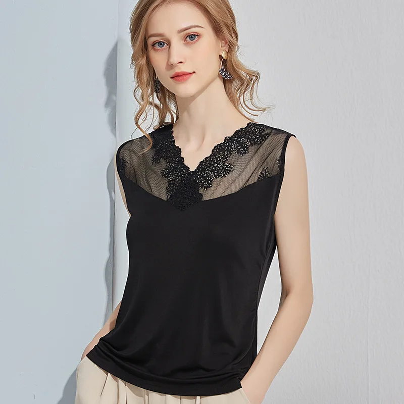 

Silk camisole for women white and black base top mulberry silk top small summer V-neck lace outerwear
