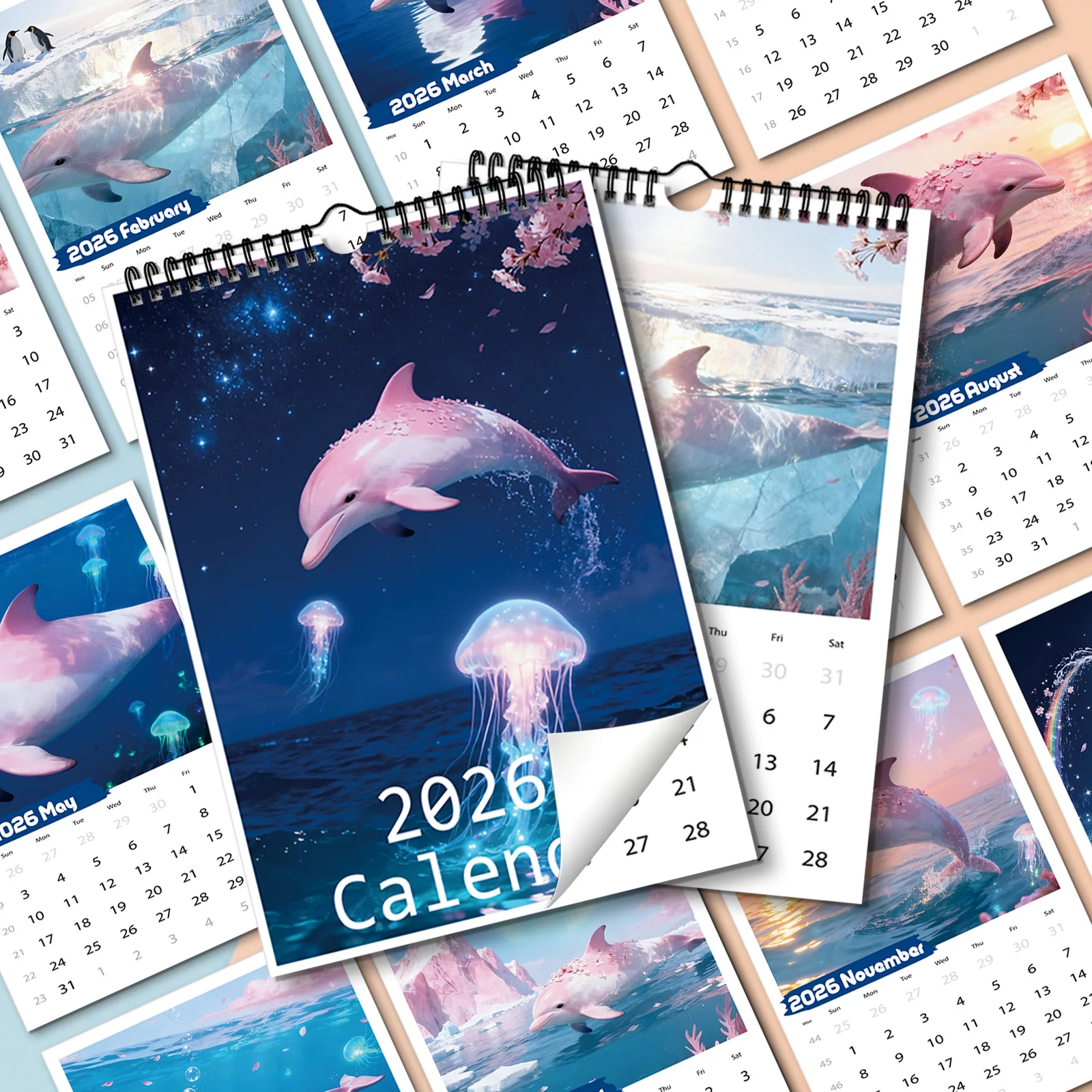 

1PC 2026 Pink Dolphin Theme Calendar, for Checking Dates, Home Decoration, Suitable for Working Professionals, A Comforting Gift