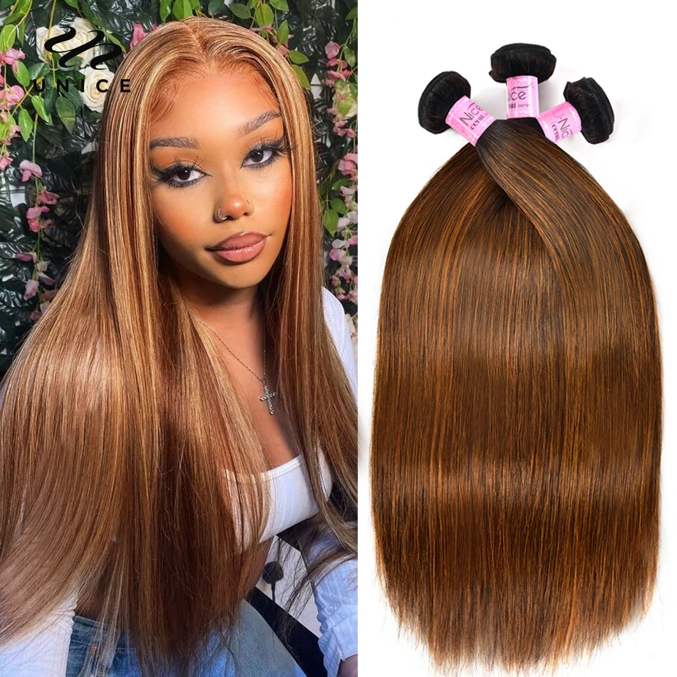 Unice Hair 2# 4# Brown Hair Bundles Caramel Highlight Brazilian Hair Weave Bundles 3 Bundle Deals Straight/ Body Wave Human Hair