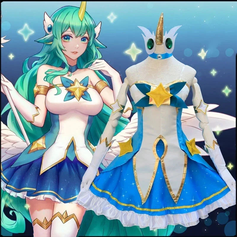 Disfraz de Cosplay del juego LOL Star Guardian of Soraka para mujer, peluca Starchild, orejas de cuerno, vestido de Lolita de Anime, traje verde Sexy para Halloween