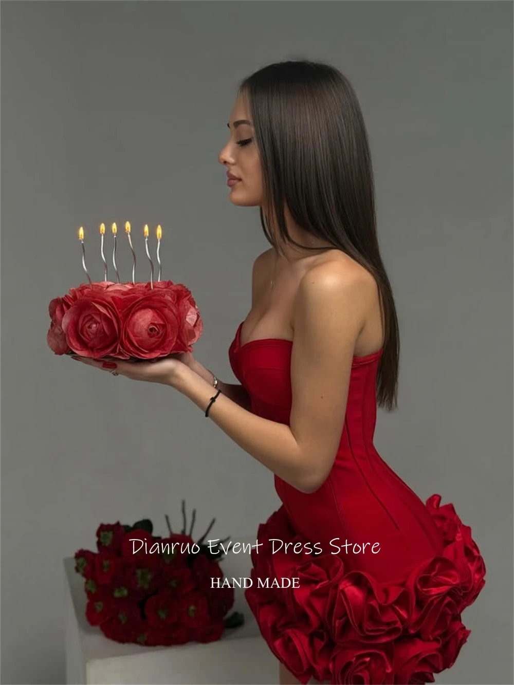 Dianruo Sleeveless Satin Prom Dress Above Knee A Line Birthday Dress Handmade 3D Florals Formal Homecoming Dresses Customized