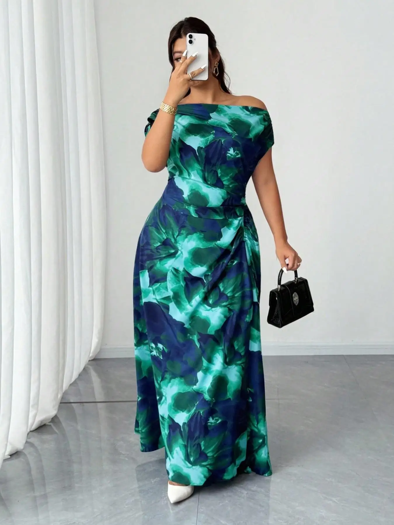 Plus Size One-Shoulder Dress, Bold All-Over Print, Fitted Waist Pleated Satin Midi, Elegant Party Evening Gown, Sleeveless view 3