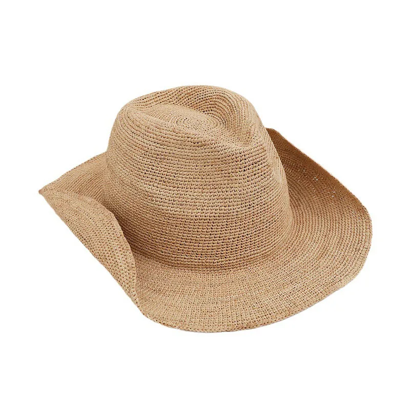 Naturalny słomkowy kapelusz z rafii dla kobiet z szerokim rondem na plażę Panama kapelusz typu Bucket letni kowbojski kapelusz lodowcowy luksusowy kapelusz przeciwsłoneczny — zdjęcie 2
