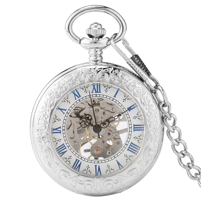 Silver Hand-winding Mechanical Pocket Watch for Men Women Roman Number Half Hunter Skeleton Clock with Pendant Chain Gift