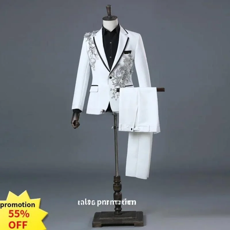 Casual Ele Embroidered Men's Suit Thiened Special Wide Fit Spring Youth Trend Double Slit Seven Sve Length Button Cl...