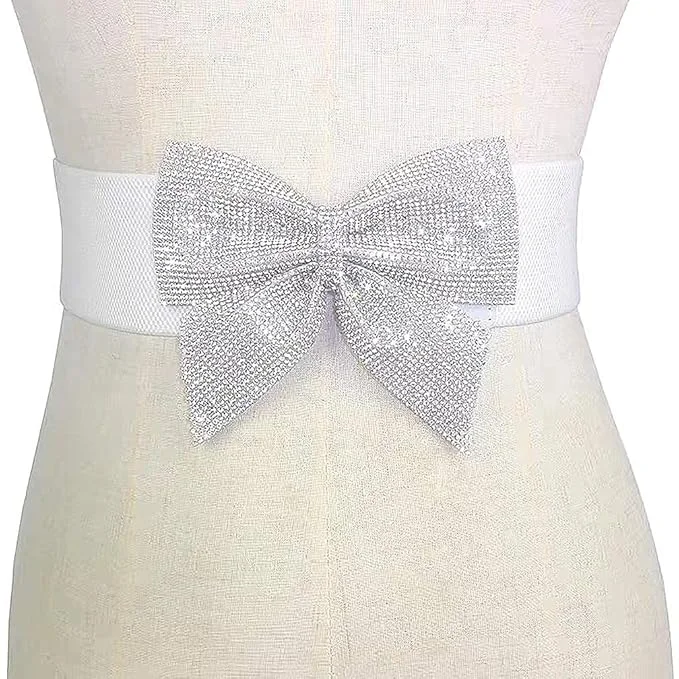 Rhinestone Bow Elastic Peplum Waistband Wide Wedding Party Dress Belts For Women Bling-Bling Corset