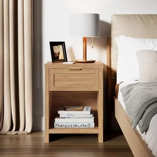 Natural Nightstands, Boho Bed Side Table for Living Room, Minimalist Night Stand with Drawer and Storage Shelf view 3