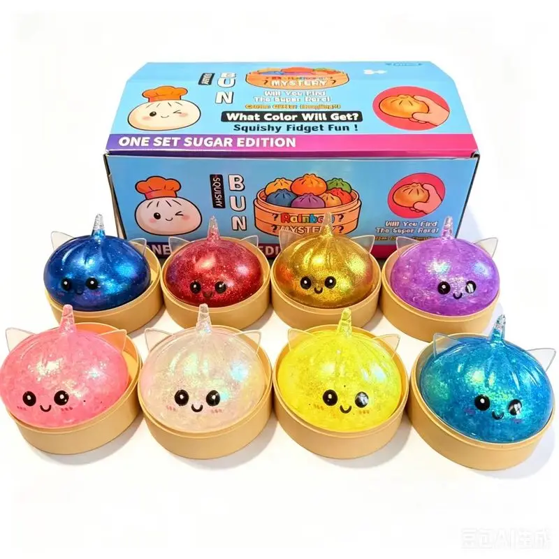 Unicorn Bun Squishy, Transparent Glitter Simulation Soup Dumpling Toy, Colorful Fake Steamed Bun Fidget Squeeze Toy for Stress