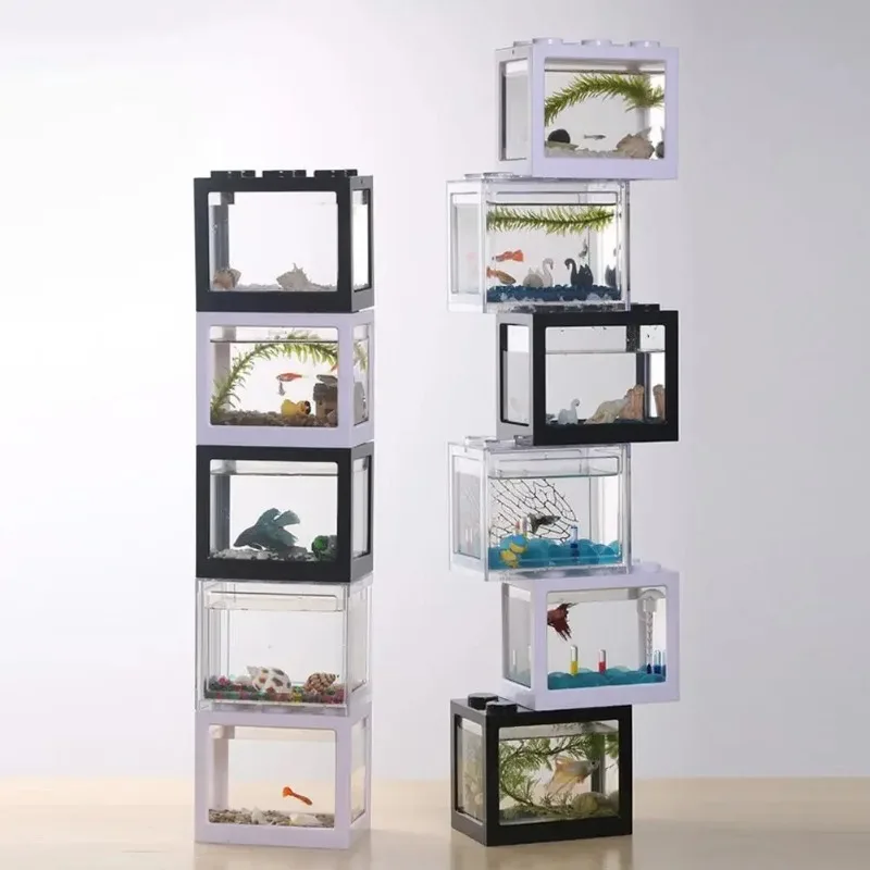 Mini Acrylic Aquarium Transparent Fish Keeper Fishbowl Portable Desktop Fish Tank For Office Landscape Building Blocks Tank