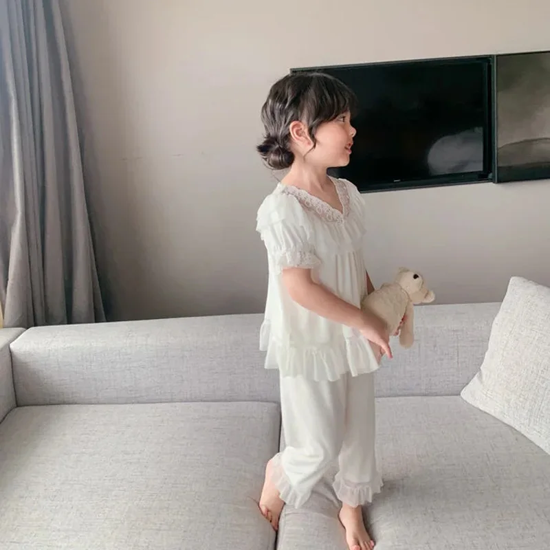 

Summer Children's Short Sleeve Pants Pajamas Suit Princess Style Ruffles Girls' Pajamas Cotton Fabric Children's Home Clothes