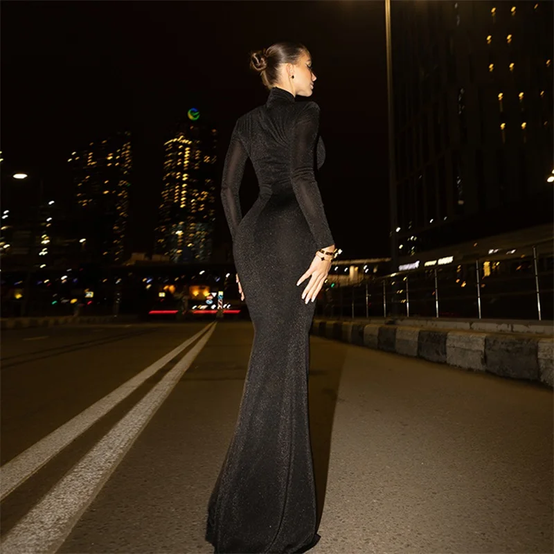 Black Women's Prom Dress High Neck Full Sleeves Skirt Formal Casual Daily Slim Sheath Autumn Fall Midi Robe Party Gown