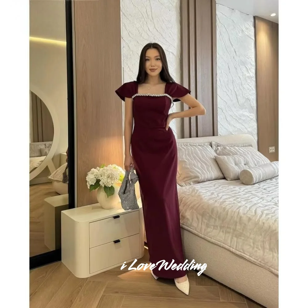 

Бордовое вечернее платье с квадратным вырезом, 2025 г., с короткими рукавами, расшитое бисером, Русалка длиной до пола, плиссированное платье для выпускного вечера, свадебное платье на заказ