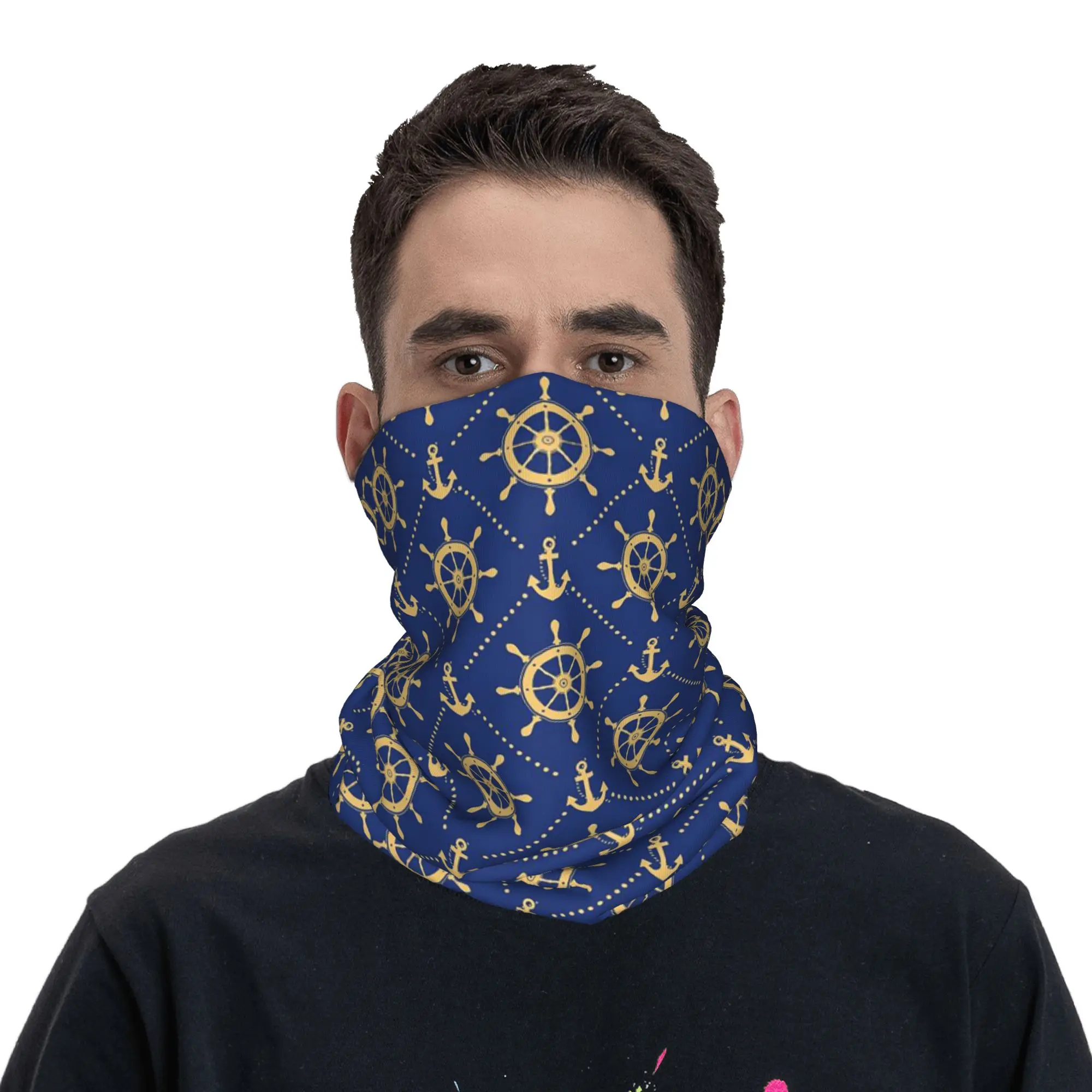 Navy Nautical Themed with Anchor and Wheel Bandana Neck Cover Printed Wrap Mask Scarf Balaclava Outdoor Sports For Men Women