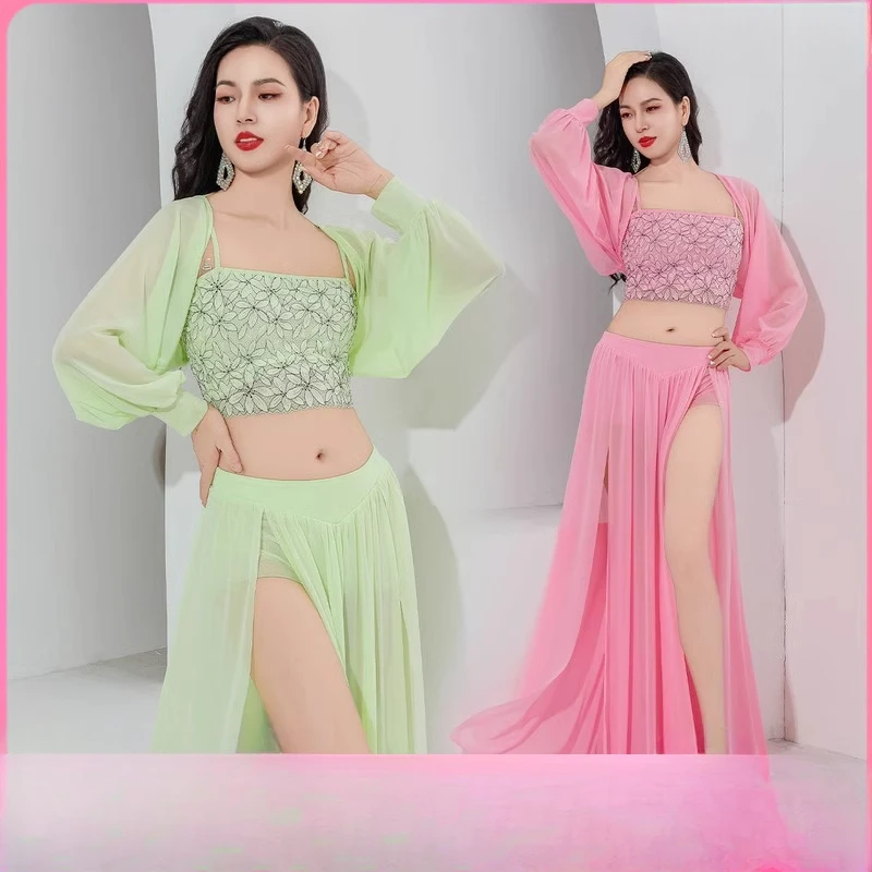 Belly Dance Performance Clothing Suit for Women Bellydance Long Sleeves Top+vest+Long Skirt 3pcs Oriental Professional Set Wear