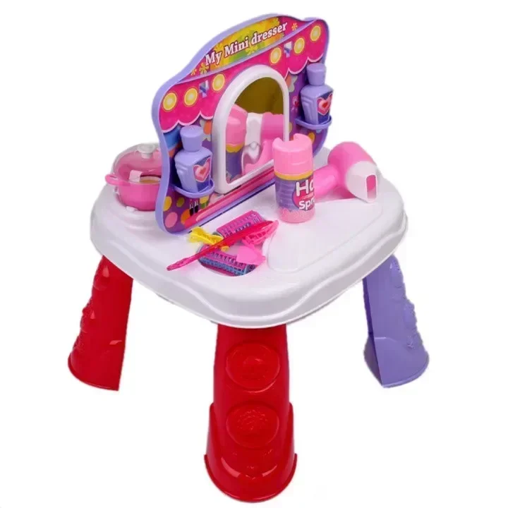 2 IN 1 Kitchen Set & Dresser Mirror/Hair Dryer/Comb/Hair Spray/Pan/Spoon/Kitchen Items Play House Toys Toys Girl Gift